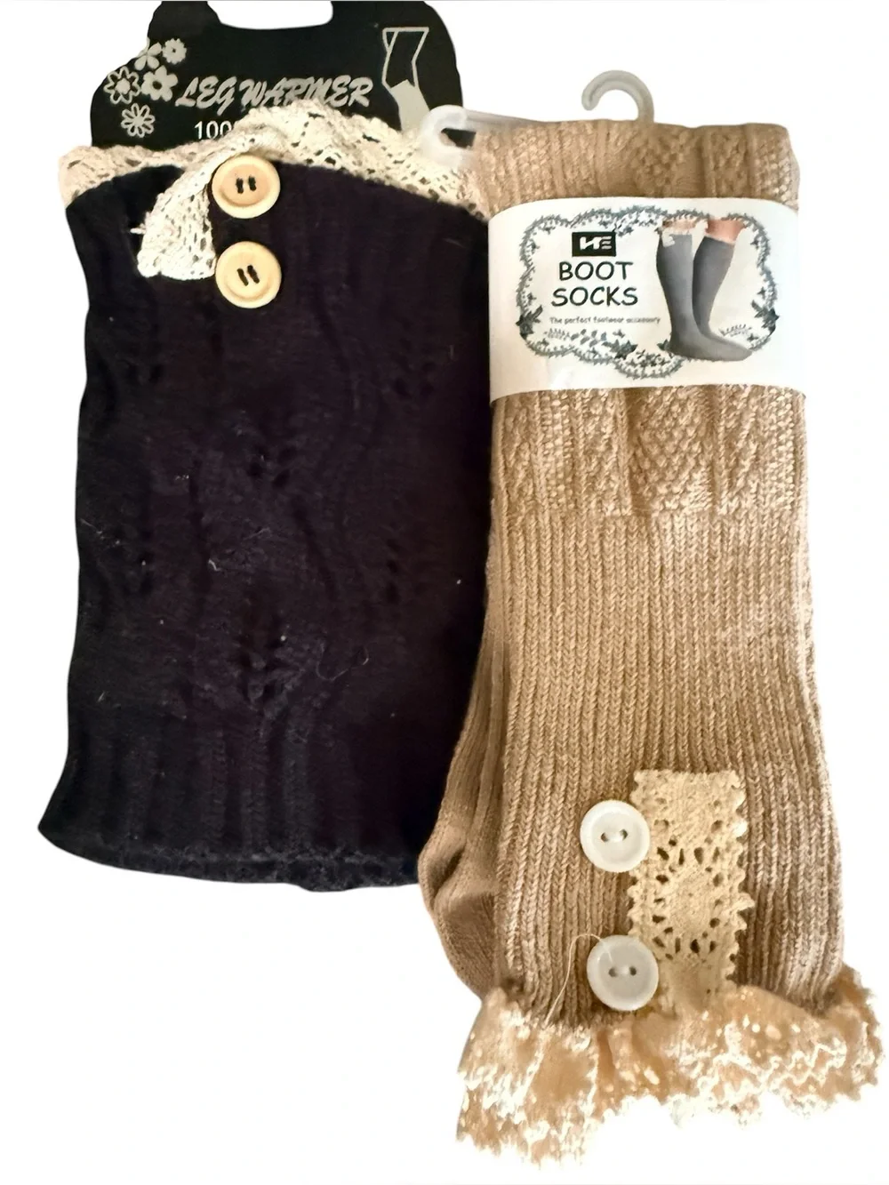 Lace Trim Boot Socks - 1 Tan (Pair) 1 black pair leg warmers
